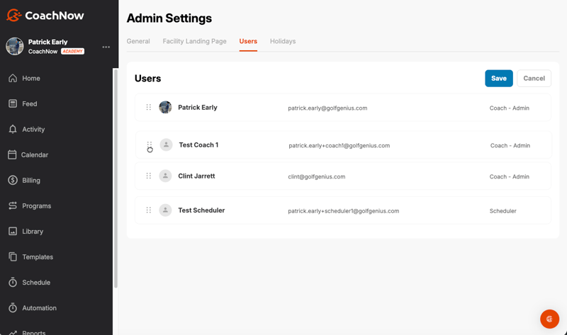 Admin settings page in coachnow desktop, reorder coaches with drag and drop