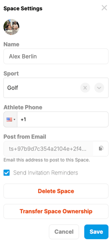 CoachNow Space Settings interface for Alex Berlin's Golf Space showing configuration options including athlete name, sport selection, phone number, email posting address, invitation reminders, and space management options with Delete Space and Transfer Space Ownership buttons.