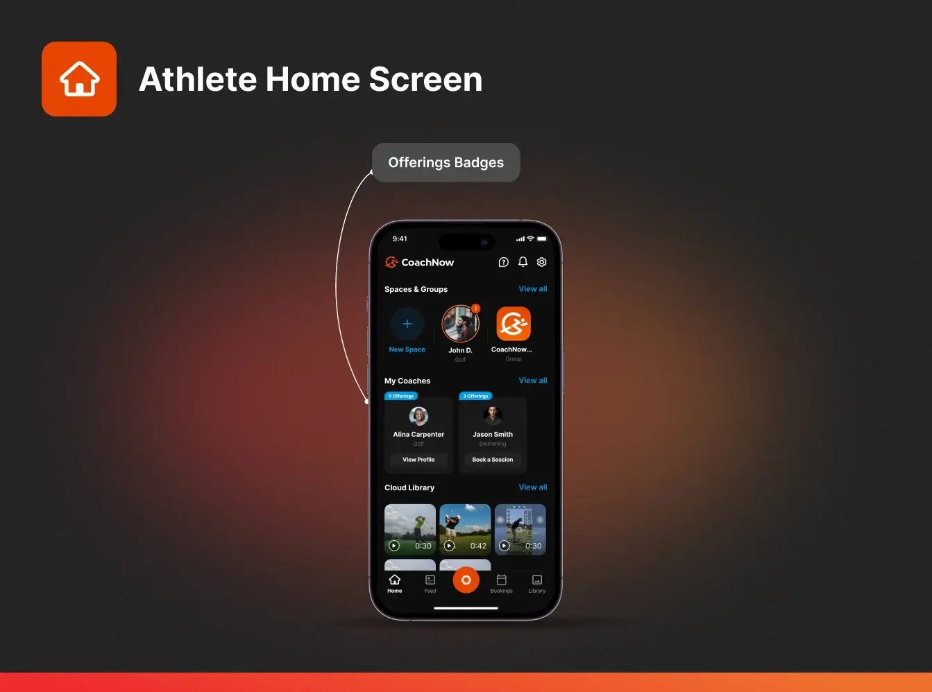iphone showing the athlete home screen in the coachnow app