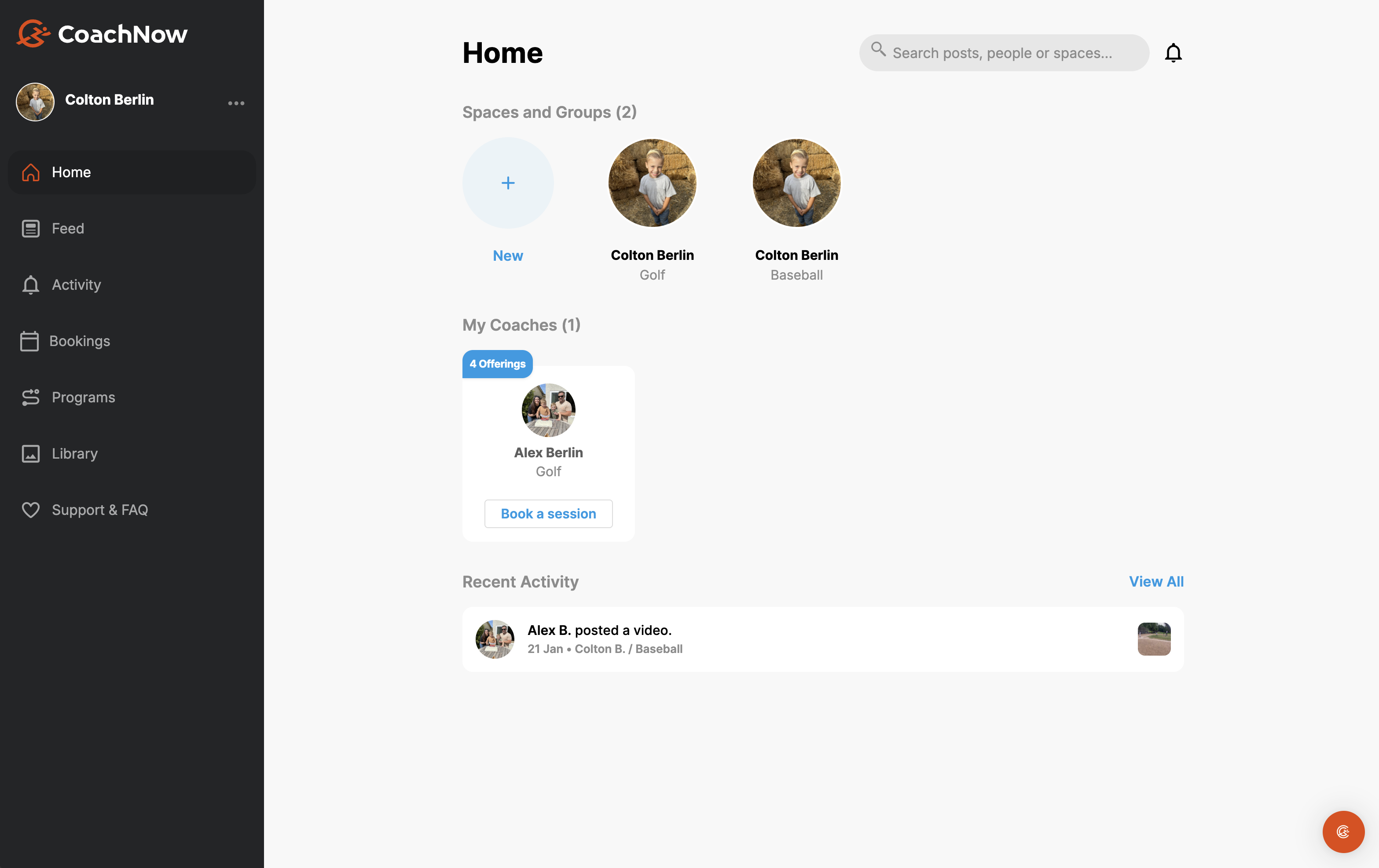 CoachNow athlete home dashboard for Colton Berlin showing Spaces and Groups for Golf and Baseball, My Coaches section with Alex Berlin's 4 coaching offerings, booking options, and recent activity feed with video posts from coaches.