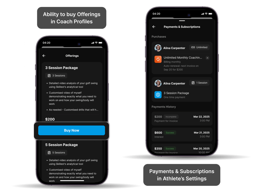 iphones showing billing and programming in coachnow