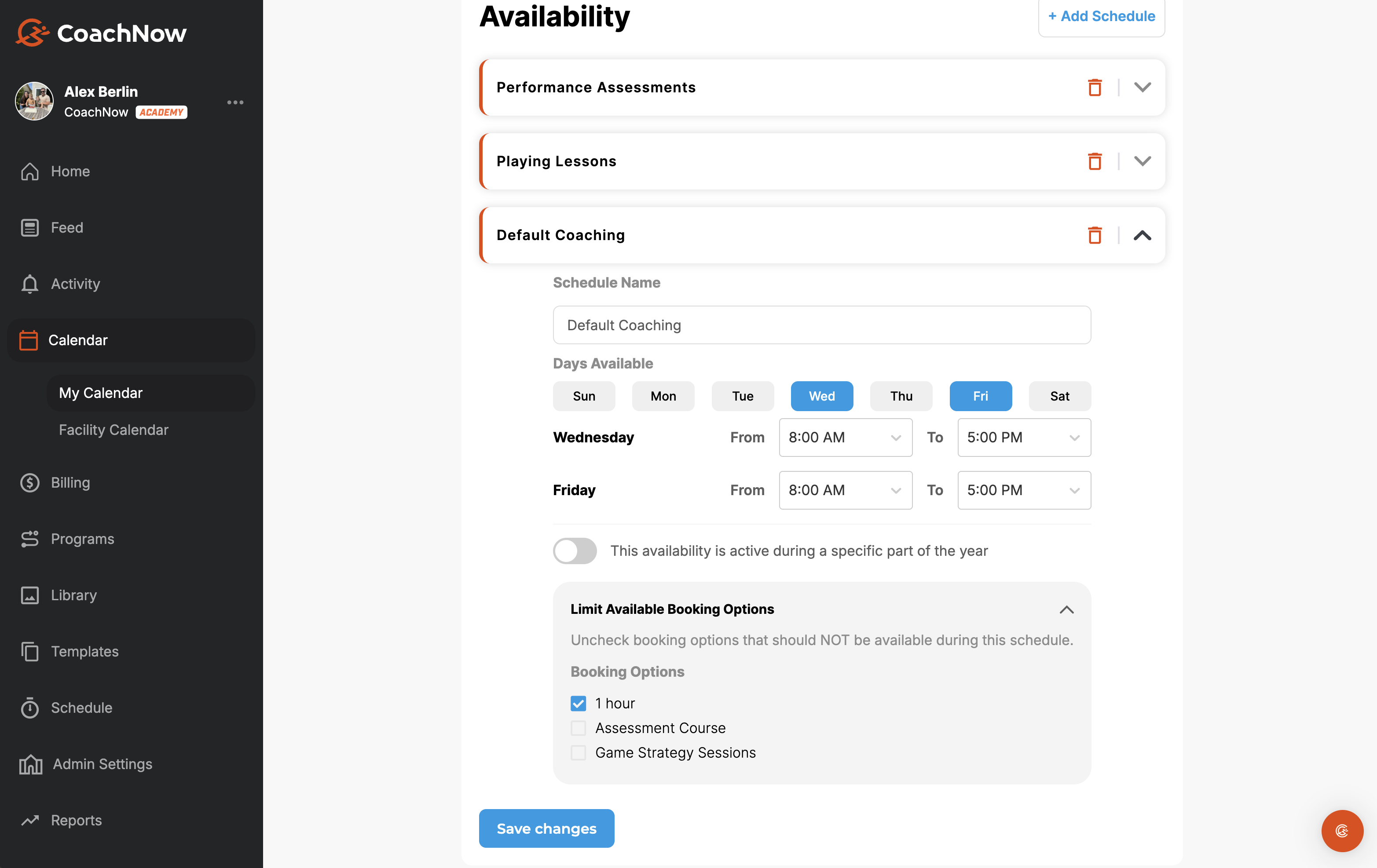 CoachNow coach availability settings for Alex Berlin showing scheduling options for Performance Assessments, Playing Lessons, and Default Coaching with customizable days and times, plus booking options and limit available booking settings.