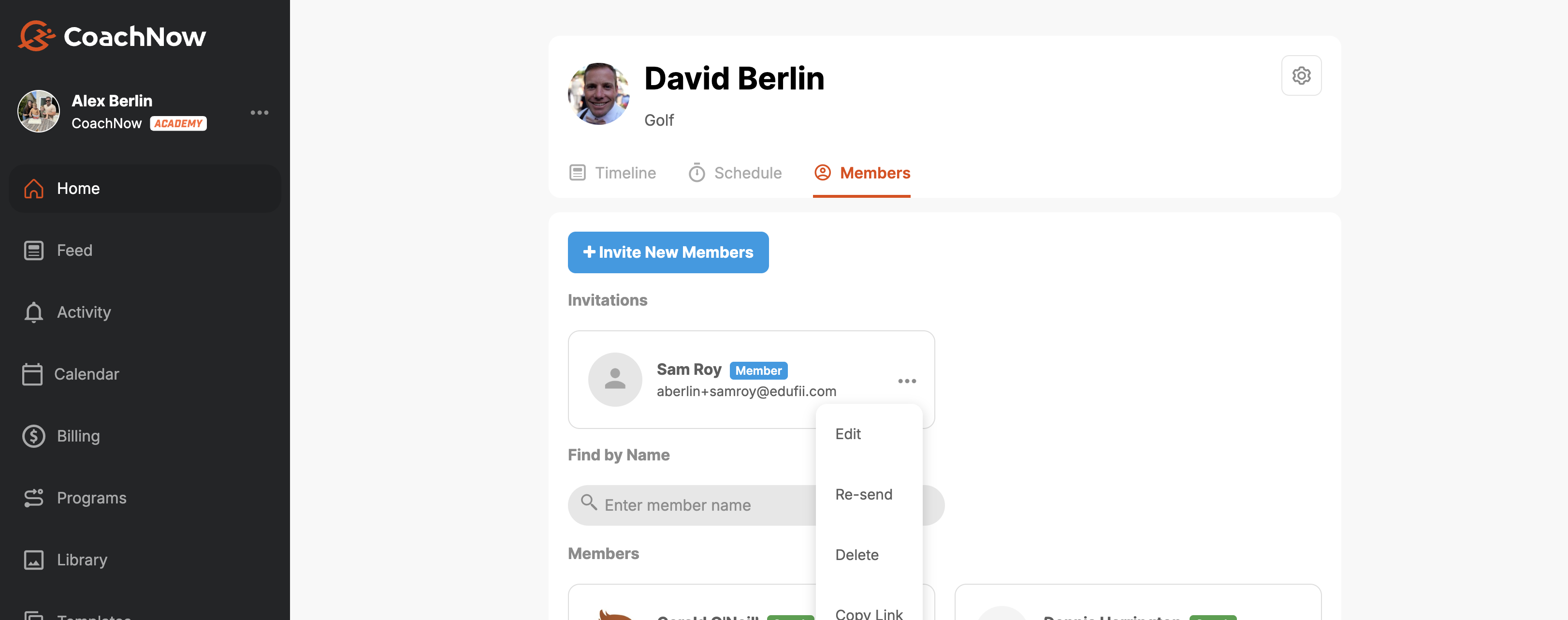 CoachNow desktop Members section for David Berlin's Golf Space showing invitation management options including Edit, Re-send, Delete, and Copy Link for athlete Sam Roy with Invite New Members button