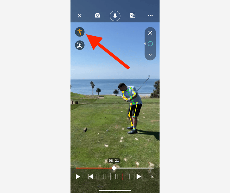 iphone screen showing a golf video in the coachnow app using ai skeleton tracking features