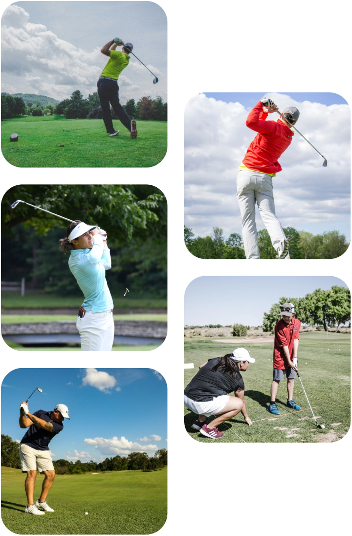 5 golfers outside swinging a golf club