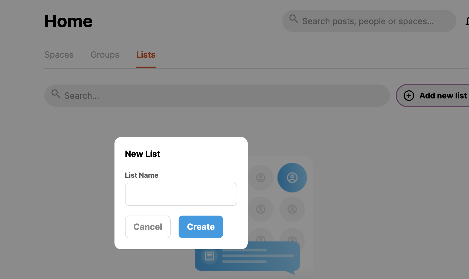 CoachNow Home page showing Lists tab with modal dialog to create a new list, displaying search functionality, Spaces and Groups navigation, and Add new list button for organizing coach communication and athlete management.