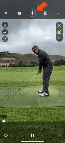CoachNow mobile video analysis tool showing golf swing recording with annotation toolbar including accessibility features, microphone for voice-over feedback, drawing tools, and slow-motion playback controls for coaching video feedback.