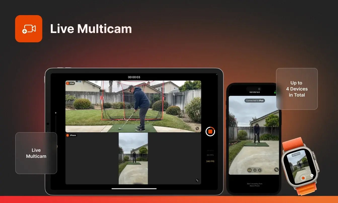 iphone ipad and apple watch showing multicam feature in coachnow app