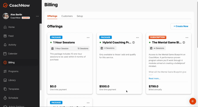 CoachNow desktop interface showing coaches how to create and customize athlete training packages for purchase, demonstrating the package creation feature in the coaching platform.