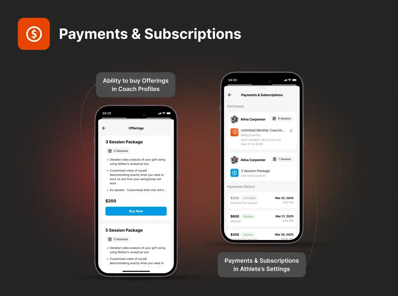 iphones showing payments and subscriptions in athlete's settings and the ability to buy offerings in coach profiles in coachnow