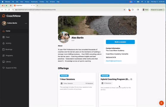 Athlete's view on CoachNow desktop showing how to book a coaching session with their coach, displaying available time slots and booking confirmation.
