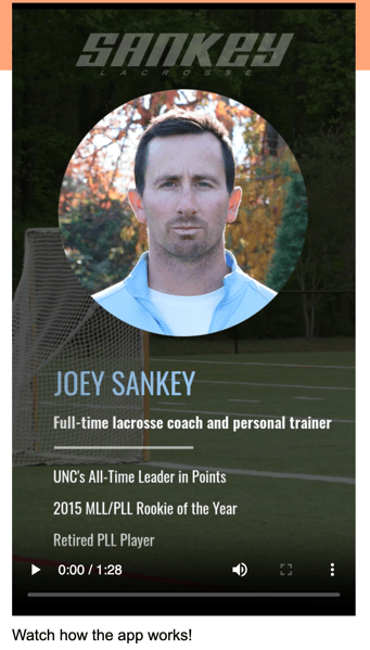Joey Sankey lacrosse coach profile - Sankey Lacrosse founder and UNC all-time leading points scorer, 2015 MLL Rookie of the Year, demonstrating CoachNow app features