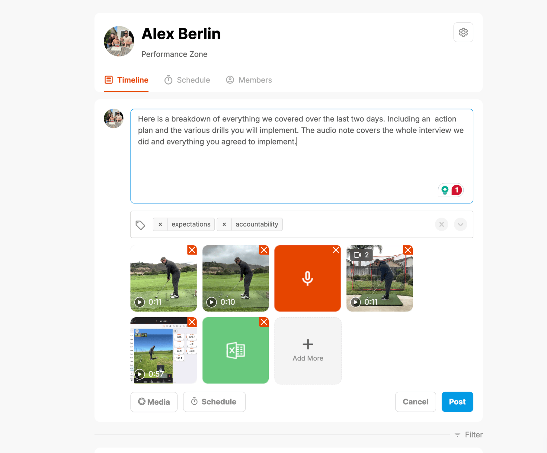 CoachNow athlete Space showing Alex Berlin's Performance Zone timeline with coaching notes, video analysis clips, tagged drills for expectations and accountability, and media attachments for training feedback and progress tracking.