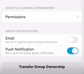 CoachNow group settings screen showing group and channels permissions, group notifications with email and push notification toggle options, and transfer group ownership button