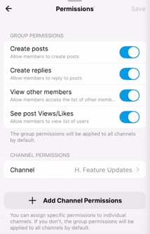 CoachNow permissions settings screen displaying group permissions including create posts, create replies, view other members, and see post views/likes toggles, plus channel permissions section with add channel permissions option