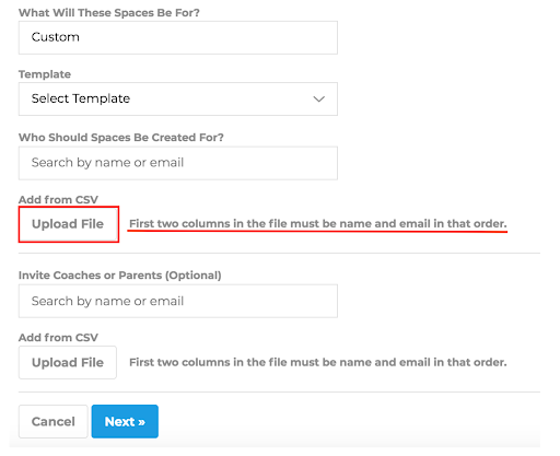 CoachNow space creation form showing fields for custom space name, template selection, athlete or group search, bulk CSV upload for multiple athletes with name and email columns, optional coach or parent invitations, and Cancel/Next navigation buttons.