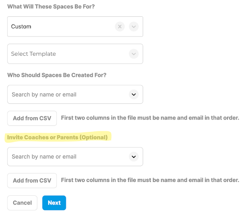 CoachNow space creation interface showing custom space setup with template selection, athlete or group search by name or email, bulk CSV import functionality, optional coach or parent invitations, and Cancel/Next step buttons for onboarding new coaching spaces.