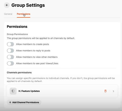 Permissions tab in Group Settings in Coachnow