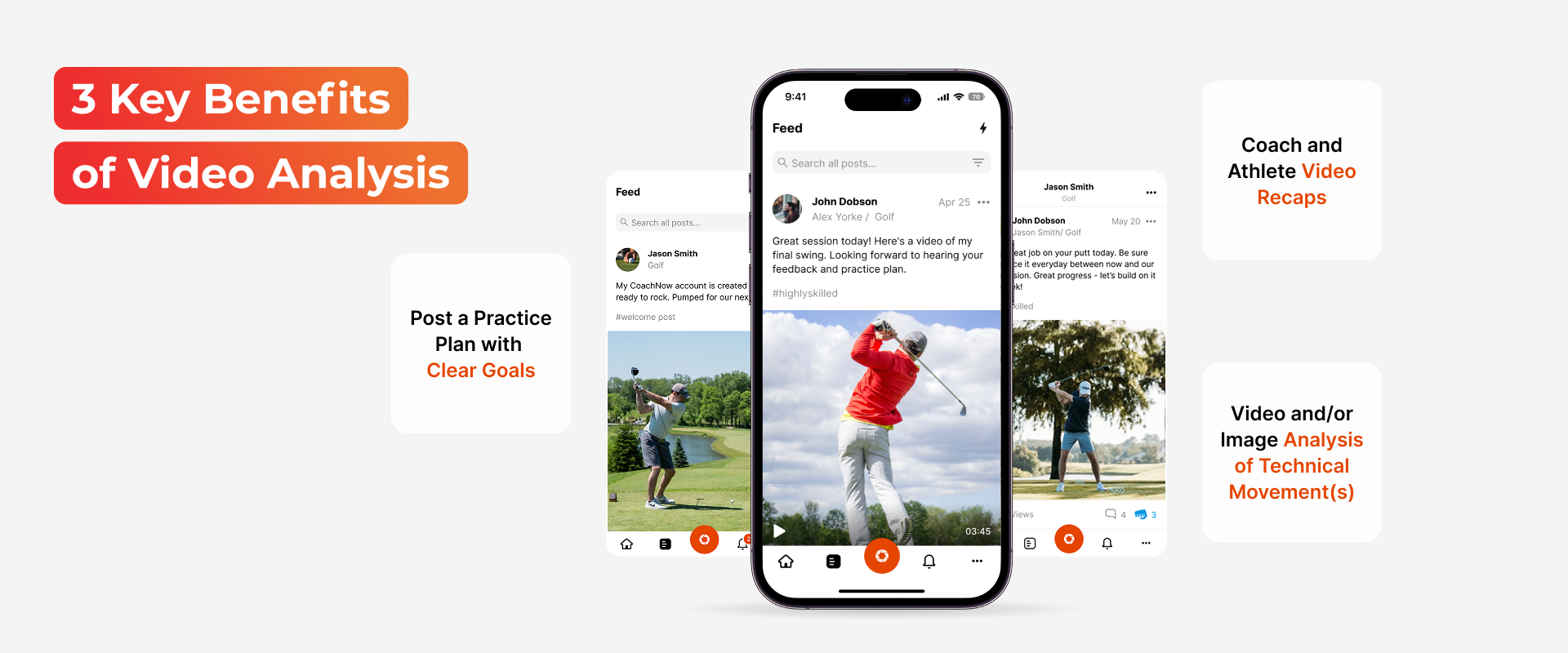 3 iphone screens showing the coachnow feed with various golfing posts 3 iphone screens showing the coachnow feed with various golfing posts