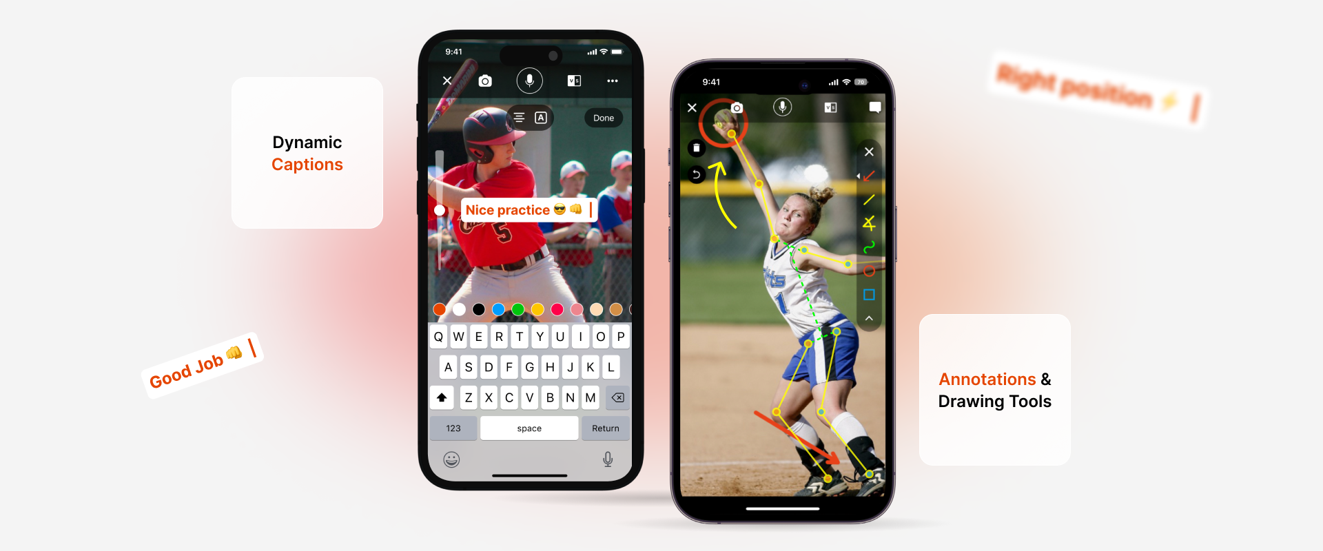 two iphones showing footage of a baseball and softball player using coachnow's annotation tools two iphones showing footage of a baseball and softball player using coachnow's annotation tools