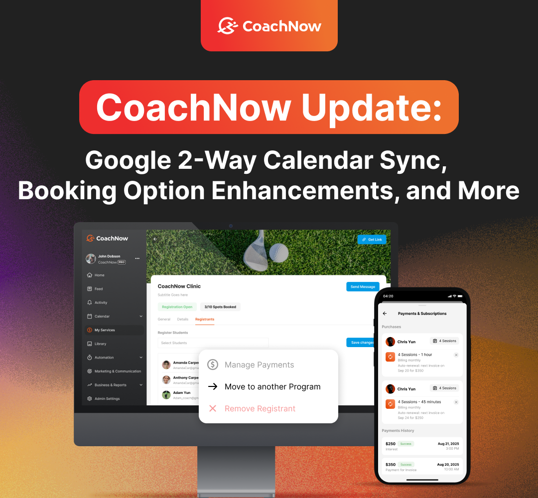 CoachNow Update: Google 2-Way Calendar Sync, Booking Option Enhancements, + More