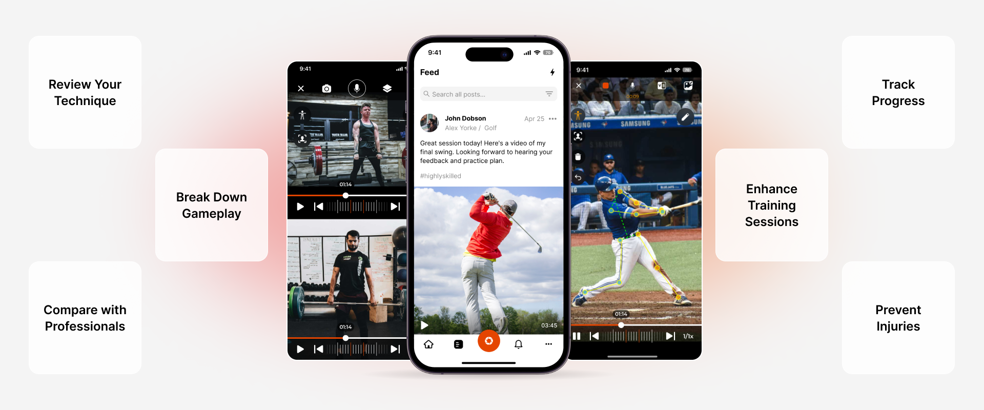 iphone showing weightlifters using vs mode, a baseball player using skeleton mode, and a post in the coachnow app feed iphone showing weightlifters using vs mode, a baseball player using skeleton mode, and a post in the coachnow app feed