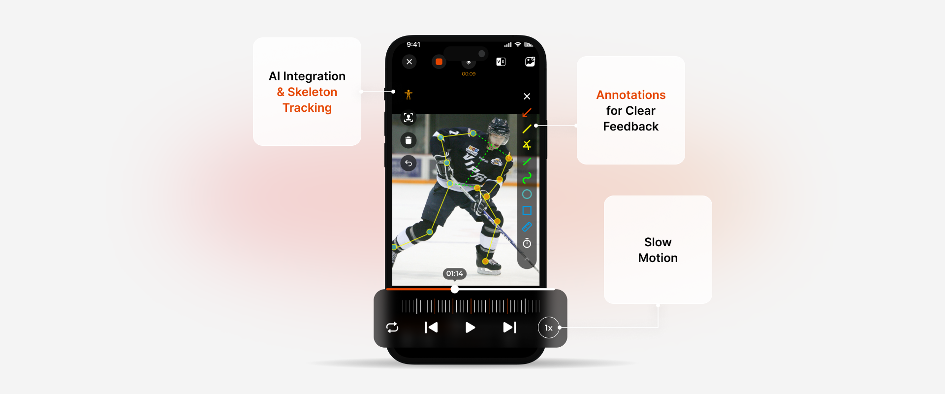 iphone showing video footage of a hockey player using slow-mo, annotations and skeleton tracking tools in the coachnow app iphone showing video footage of a hockey player using slow-mo, annotations and skeleton tracking tools in the coachnow app