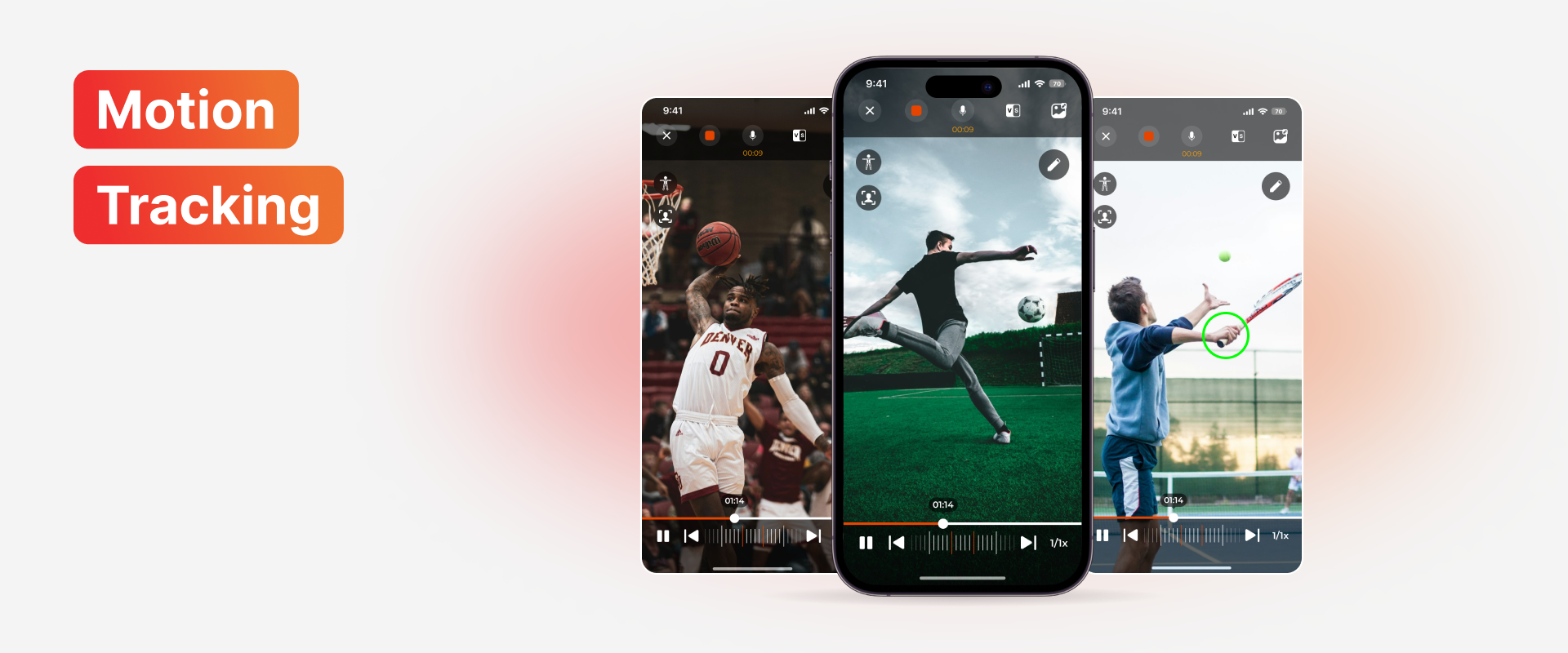 three iphones showing videos of a basketball player, soccer player, and tennis player