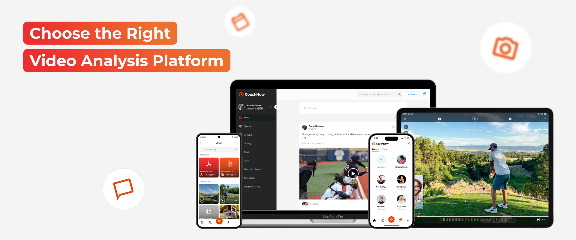 2 iphones, an ipad and a desktop screen showing the coachnow library, feed, spaces, and video footage of a golfer practicing outside 2 iphones, an ipad and a desktop screen showing the coachnow library, feed, spaces, and video footage of a golfer practicing outside