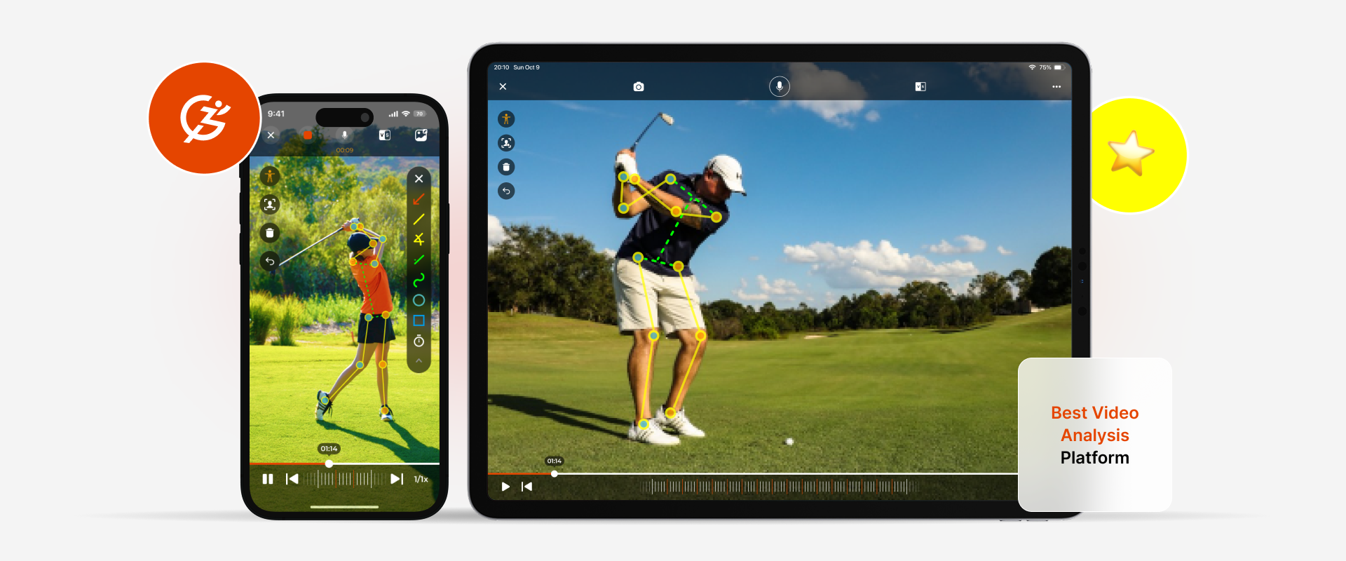 ipad and iphone showing footage of two golfers swinging their golf clubs outside using coachnow's annotation tools and skeleton tracking ipad and iphone showing footage of two golfers swinging their golf clubs outside using coachnow's annotation tools and skeleton tracking