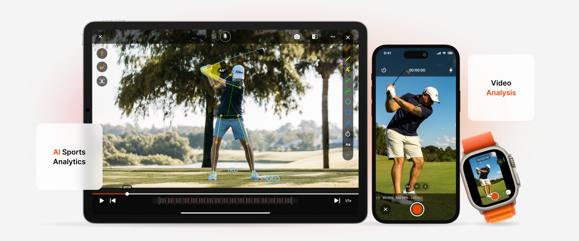 ipad, iphone, and apple watch showing golfers using coachnow's video analysis tools ipad, iphone, and apple watch showing golfers using coachnow's video analysis tools