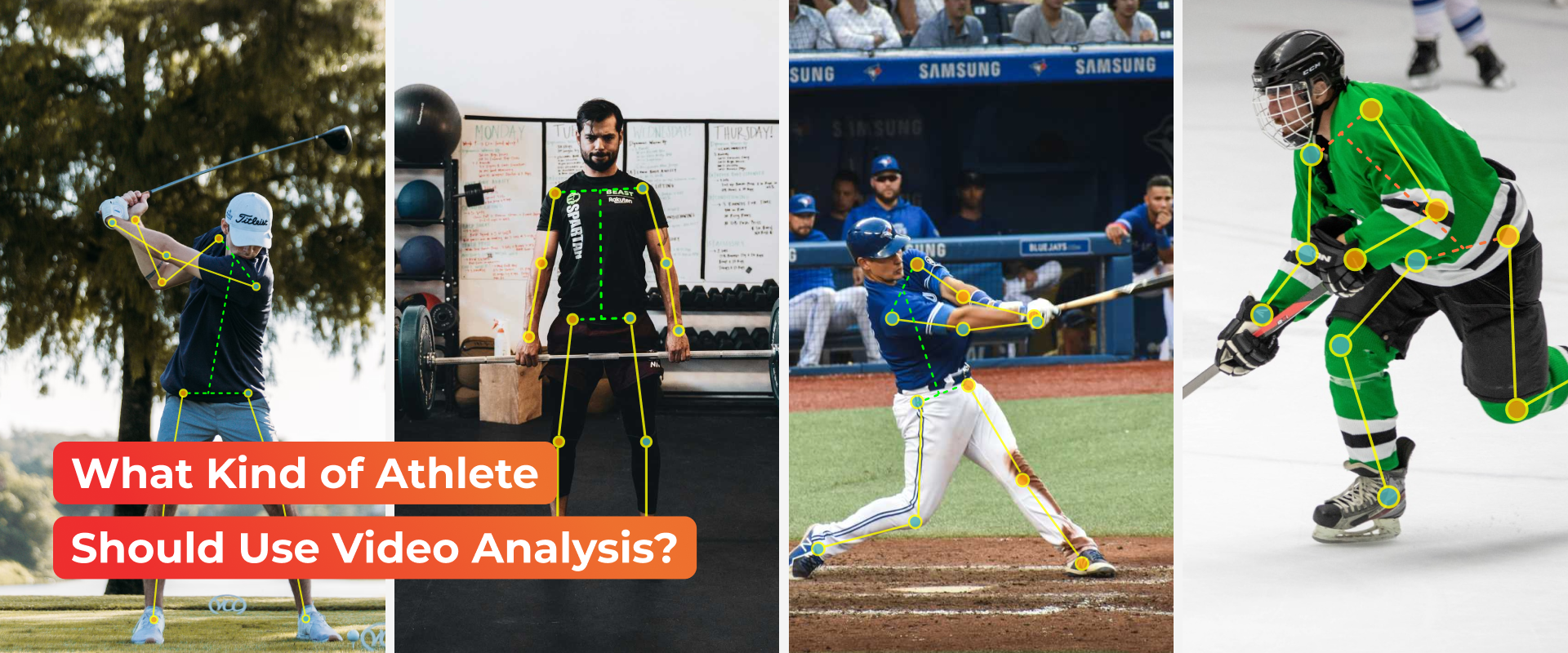 a golfer, weightlifter, baseball player and hockey player using coachnow's skeleton tracking tool a golfer, weightlifter, baseball player and hockey player using coachnow's skeleton tracking tool